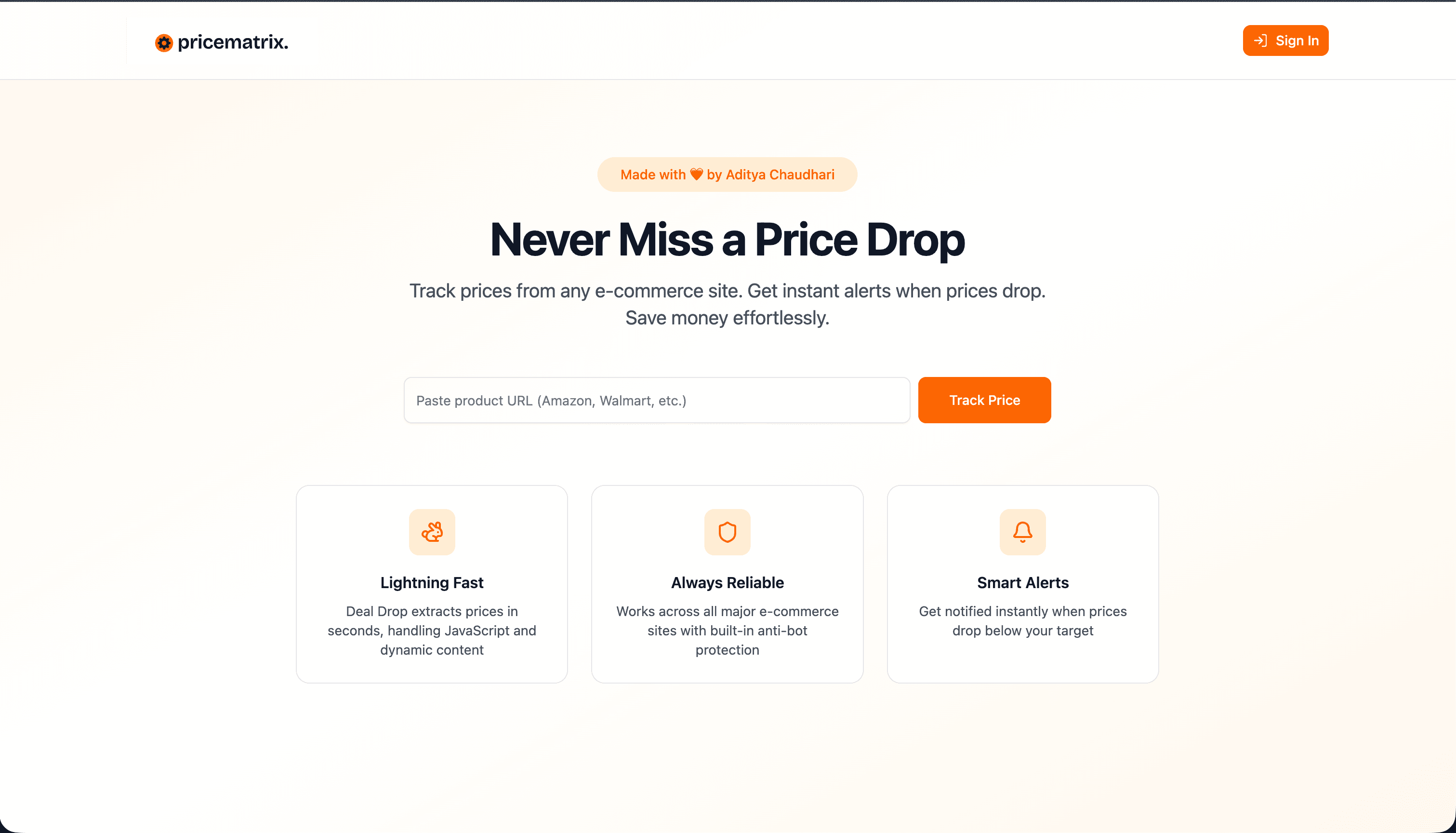 PriceMatrix landing page showing a product URL tracker for price drops